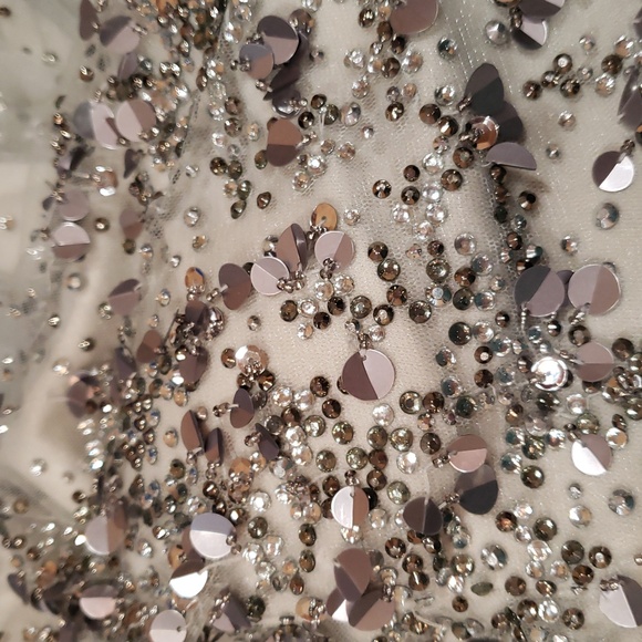 Park108 Silver Gray One Shoulder Sequin Illusion Chiffon Maxi Gown Dress Size 4 - Picture 9 of 9